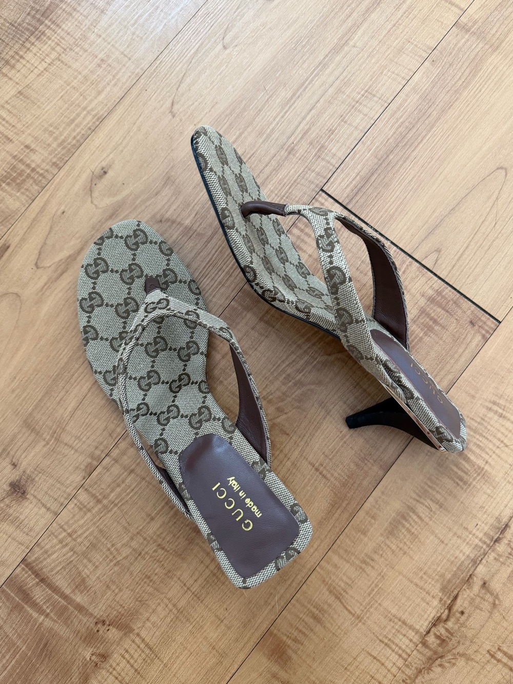 GG Vittoria Canvas Monogram Kitten Heel Thong Sandals